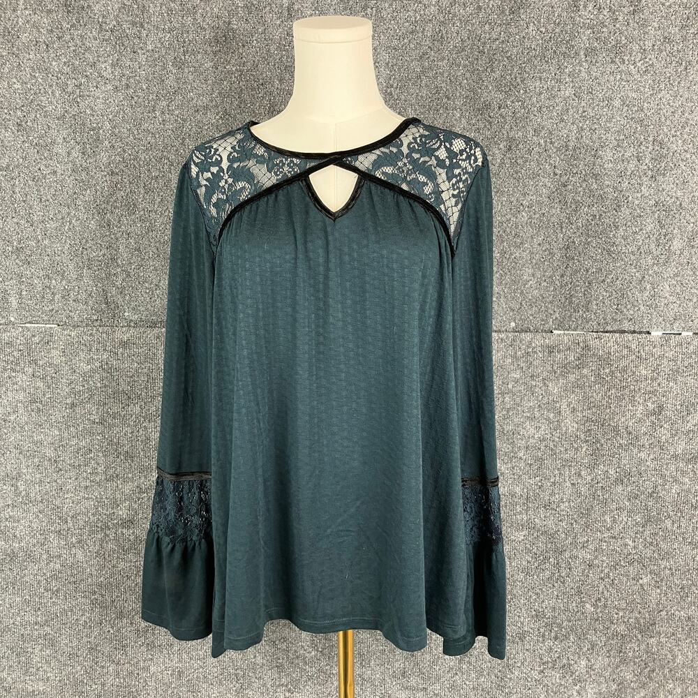 Maurice's Top Womens L Teal Lace Trim Long Sleeve Boho Keyhole Fairy Goth